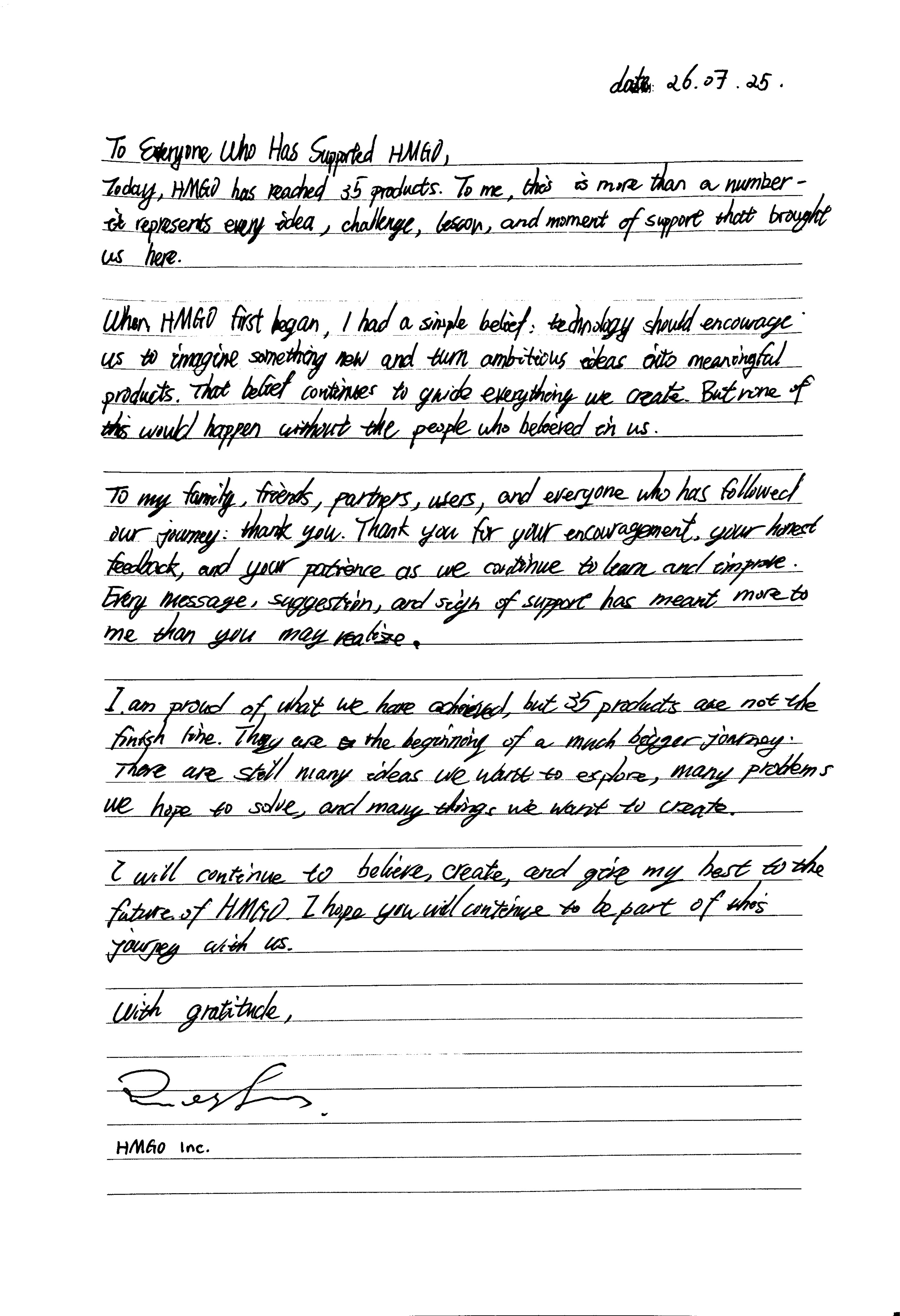 Original handwritten HMGO letter marking the release of its 35th product